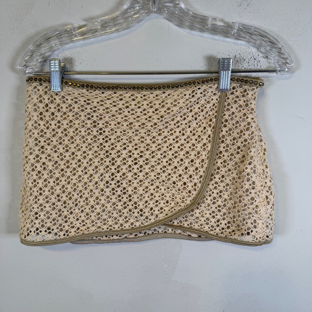 St. John Swim Womens Crochet Mesh Skirt Embellished Metallic Tan Medium